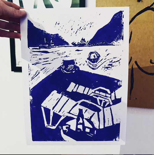 Original Linocut Artprint A3 - Deep Blue Hvar